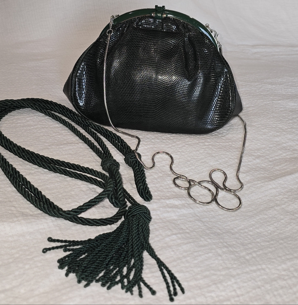 Gucci Green Lizard Frame Evening Bag Exotic Vintage Jade Leather Silver Purse